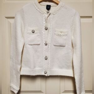 River Island Soft Knit White Embellished Crop Jacket Size 8